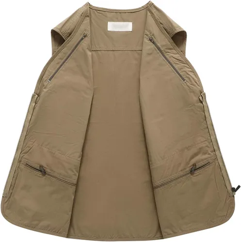Vista 5 de Hbufnha Chaleco de viaje casual Safari para hombre, 16 bolsillos, chaleco de trabajo al aire libre, chaqueta sin mangas, chaqueta de pesca