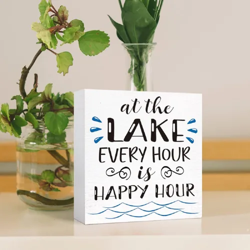 Vista 4 de Letrero de madera con texto en inglés "Lake Every Hour is Happy Hour", decoración de escritorio para el hogar, dormitorio, oficina, escritorio