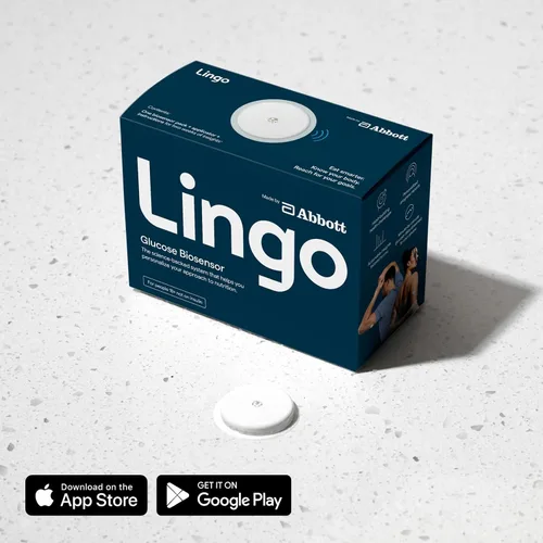 Vista 2 de Lingo Monitor Continuo de Glucosa (CGM) y Aplicación. Fabricado por Abbott. Conozca el impacto de lo que come. 1 biosensor Lingo dura hasta 14