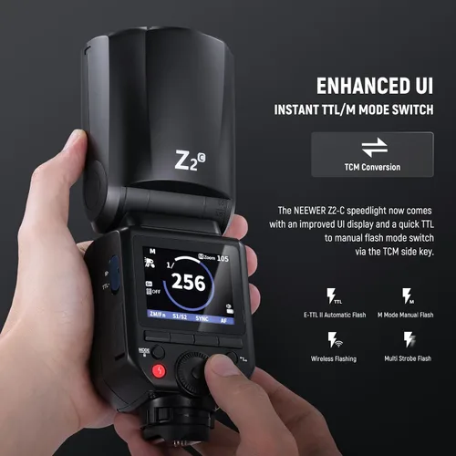 Vista 2 de NEEWER Z2-C 2.4G TTL Flash de cabeza redonda Speedlite para Canon, interfaz de usuario mejorada, 2 lámparas de modelado ajustables, tecla TTL/M