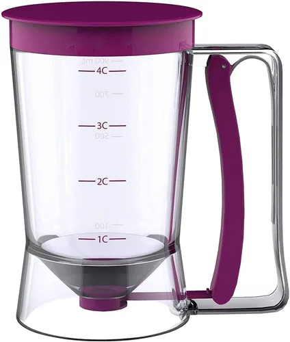 Vista 5 de Herramienta dispensadora de masa para panqueques, crepes, gofres con etiqueta de medición, soporte de mango para apretar (morado)