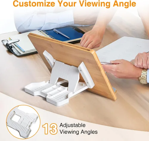 Vista 8 de wishacc Soporte de bambú para tablet de escritorio, soporte grande de madera de 11 x 8.2 pulgadas con ángulos ajustables, soporte de madera grueso