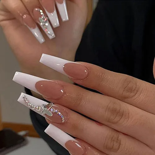 Vista 20 de Uñas postizas francesas a presión, uñas postizas largas de acrílico con forma de ataúd de cobertura completa, uñas postizas de bailarina