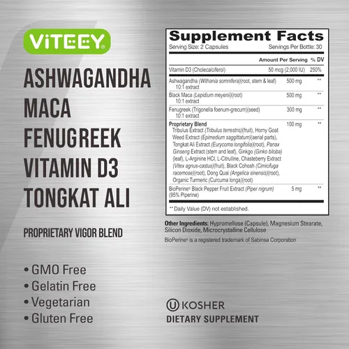 Vista 5 de Viteey Ashwagandha Maca Fenogreco Suplemento con Tongkat Ali - Conduce, pasión y apoyo energético para hombres y mujeres - Apoyo al estado de ánimo