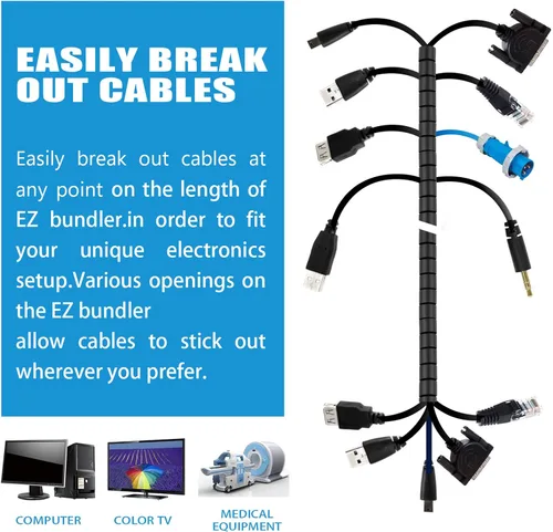 Vista 2 de Funda organizadora para cables, tubo en espiral, para el hogar, oficina, PC, TV (longitud negra, 59 pulgadas de diámetro, 1.1 pulgadas)