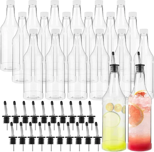 Vista 9 de Dandat 20 botellas de plástico de cuello largo de 32 onzas con vertedor y tapas, botellas de plástico para verter jugos con vertedor de acero Dorado