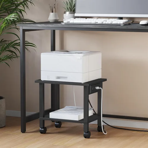 Vista 3 de TUTOTAK Soporte de impresora de 2 niveles, carrito de impresora rodante con tomas de corriente y puertos USB, mesa de impresora móvil con ruedas