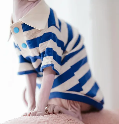 Vista 4 de Sphynx - Camiseta polo de algodón sin pelo con mangas para gato Polo Azul Blanco