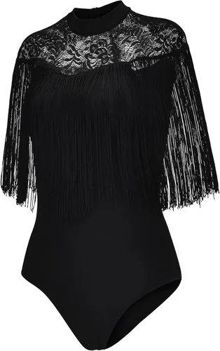 Vista 4 de Maillot de rendimiento con flecos para mujer, Sofia - Leotardo negro con flecos y canesú de encaje elástico