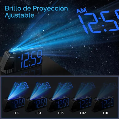 Vista 3 de Peakeep Projection Alarm Clock for Bedroom Ceiling 180° Rotatable, Loud for Heavy Sleepers, Colorful Nightlight, 5 Brightness Dimmable Large Number