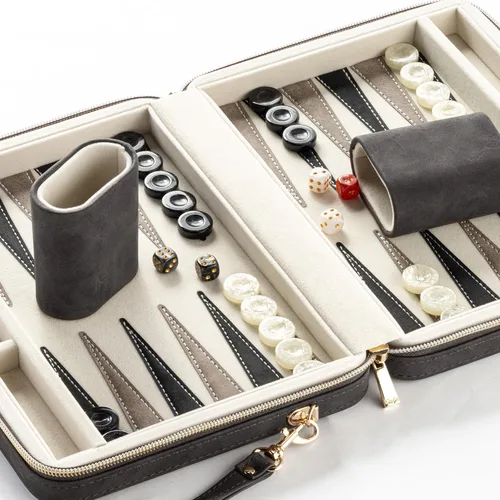 Vista 6 de Juegos de backgammon para adultos y niños, tablero clásico de backgammon con dados de damas únicos, funda plegable de cuero sintético para Negro