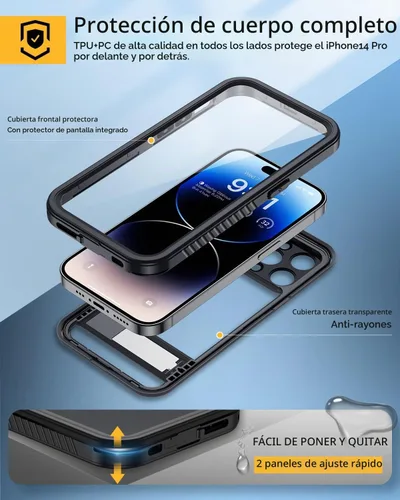 Vista 3 de Lanhiem Funda para iPhone 14 Pro con Soporte, Funda Impermeable a Prueba de Polvo IP68 con Protector de Pantalla Integrado, Carcasa de Cuerpo