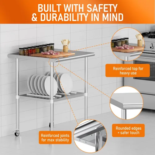 Vista 5 de Mesa de acero inoxidable con ruedas de 24 x 30 pulgadas, mesa de trabajo utilitaria con estante inferior ajustable para cocina comercial, garaje