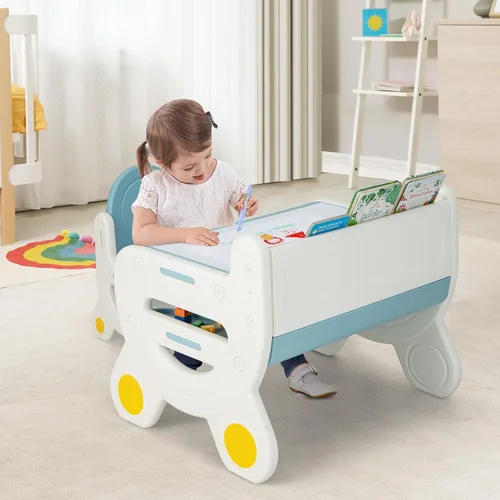 Vista 9 de Costzon - Juego de mesa y silla para bebé, escritorio de actividades de plástico con pizarra, bolígrafos de acuarela, borrador de pizarra y estante