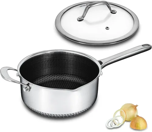 Vista 12 de Cacerola híbrida antiadherente de 1.5 cuartos de galón con tapa, olla de panal de acero inoxidable con dos boquillas de vertido, compatible