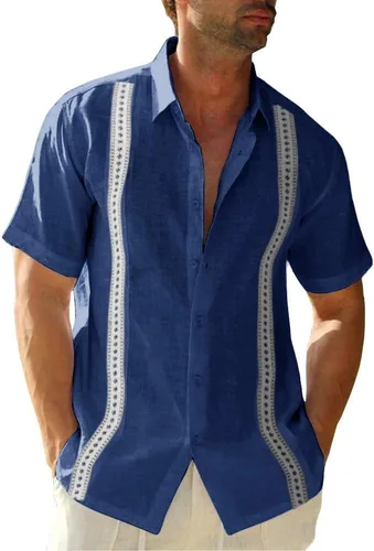 Vista 16 de Ryannology Camisas guayabera de lino de manga corta con botones para hombre, estilo casual, playa, campamento cubano, camisa mexicana para hombre