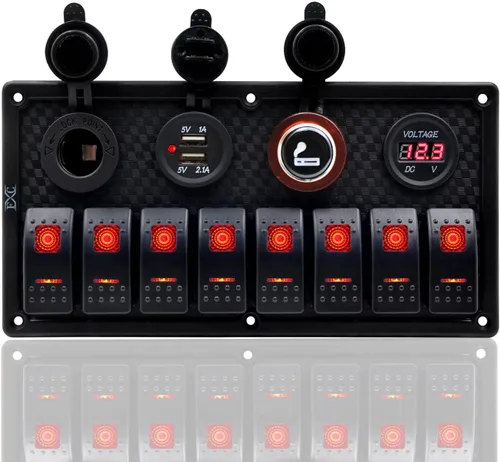 Vista 8 de KAOLALI Panel de interruptor basculante de 8 bandas, 12 V, 24 V, impermeable, con doble USB, encendedor de cigarrillos, voltímetro, LED azul