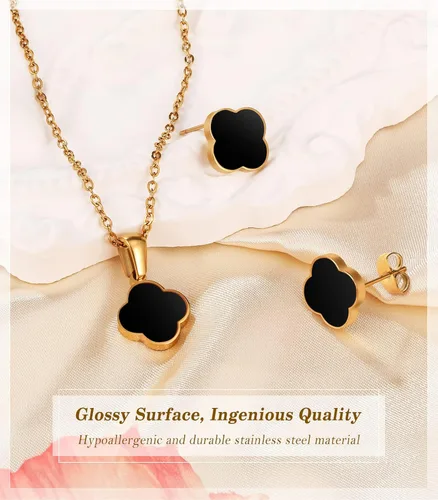 Vista 6 de Vivflavor - Juego de aretes de trébol de buena suerte para mujeres y niñas, collar clásico con colgante de trébol de 4 hojas, diseño de trébol