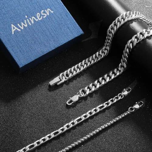 Vista 2 de Pulsera de plata para hombre, pulsera de eslabones cubanos de acero inoxidable, cuerda resistente, juego de pulseras de cadena cubana Figaro