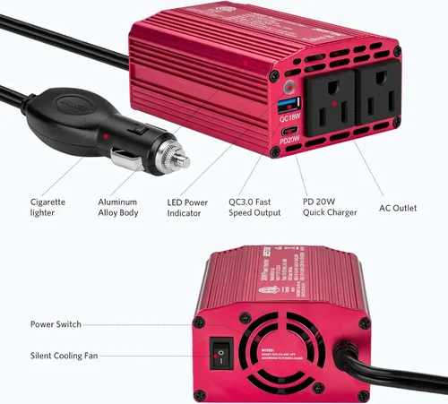 Vista 2 de BESTEK Inversor de corriente de coche de 300 W, con USB-C PD 20W, adaptador de toma de corriente de enchufe de coche de CC 12 V a CA 110 V