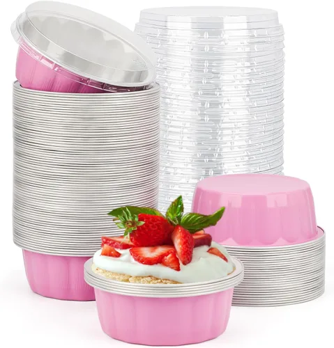 Vista 32 de Beasea Disposable Ramekins with Lids, 50 Pack 8oz 235ml Aluminum Foil Baking Cups with Lids, Aluminum Creme Brulee Ramekins Muffin Cupcake Pudding