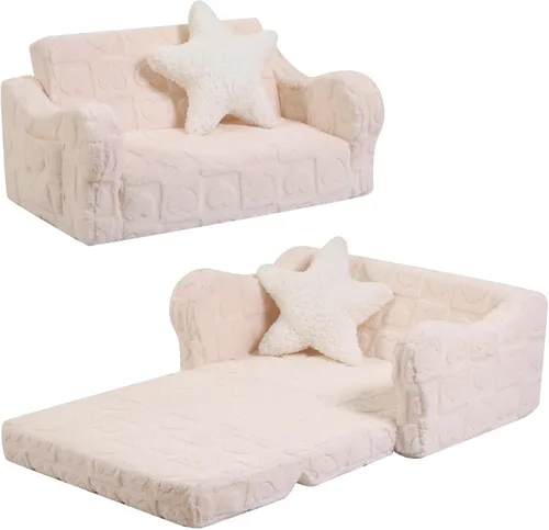 Vista 10 de MOMCAYWEX Sofá para bebé, 2 en 1, sofá suave para niños plegable con almohada de estrellas, sofá plegable para convertir en sofá cama, extra ancho