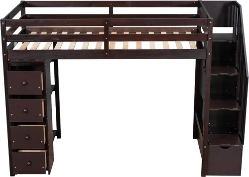 Vista 4 de Cama alta moderna con cajones de almacenamiento y escaleras, cama de madera tamaño individual con estantes y barandillas, para niños, niñas