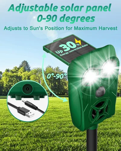 Vista 3 de Repelente solar de animales ultrasónico disuasorio de ciervos, paquete de 2 paneles solares grandes impermeables ajustables con indicador