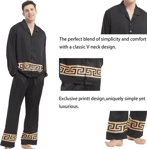 Vista 4 de N&D Eyong Conjunto de pijama de lujo para hombre, ropa de dormir clásica con botones de seda