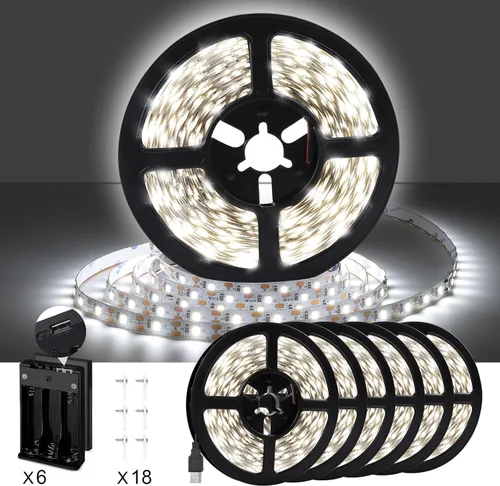 Vista 8 de Tira de luz LED USB de 6500 K con caja de batería, tira de luces blancas de luz diurna de 16.4 pies para debajo del gabinete, cortables