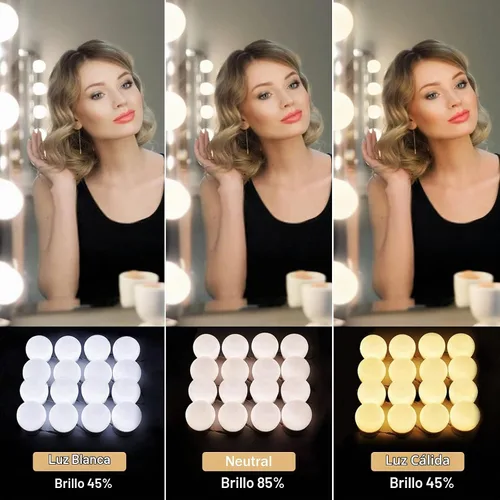 Vista 2 de Luces de tocador para espejo, 16 bombillas LED, luces de maquillaje Hollywood, 3 modos de color, brillo regulable, enchufar, pegar, para tocador