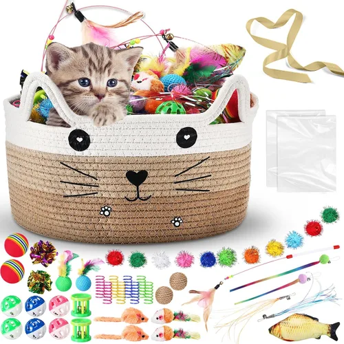 Vista 11 de Zopeal Juego de 76 cestas de almacenamiento para gatos, juguetes interactivos para gatos, varita para gatitos, bolas parpadeantes coloridas, bolas