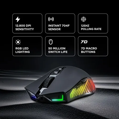 Vista 2 de Rampage Spear V2 - Mouse para juegos con cable negro con iluminación RGB, 12800 DPI, 7 botones programables, mouse ergonómico ligero