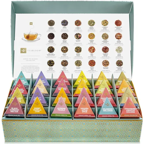 Vista 2 de Teabloom - Colección de té piramidal más fina del mundo, 24 variedades de tés orgánicos y kosher certificados por USDA - Té negro, té verde, té