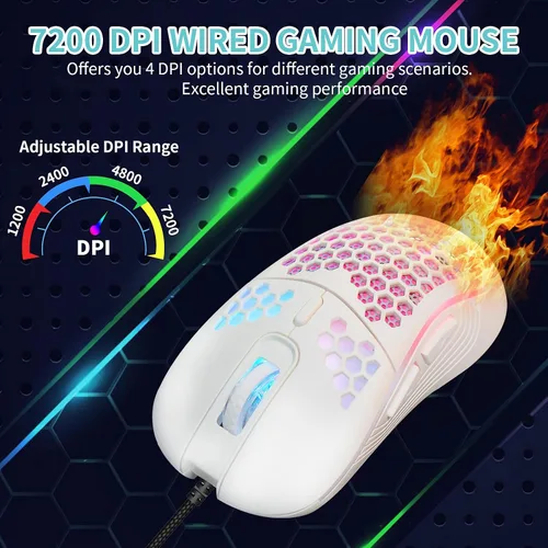 Vista 2 de Honeycomb - Ratón para juegos con cable, 4 DPI ajustables hasta 7200, retroiluminación RGB, mouse USB ligero y ergonómico con sensor óptico de alta