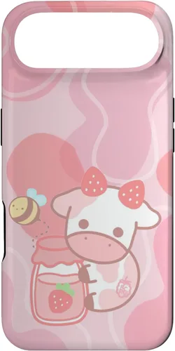 Vista 26 de Funda Kawaii para iPhone 12, diseño de vaca fresa, color rosa
