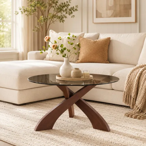 Vista 10 de Mesa de centro moderna de cristal, mesa de centro para sala de estar, tapa de vidrio templado con base de madera resistente, mesas de centro