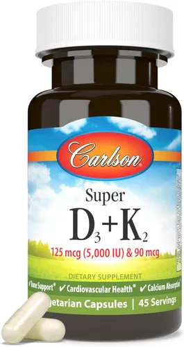 Vista 5 de Carlson - Super D3 + K2, 125 mcg (5000 UI) de vitamina D3, 90 mcg de vitamina K2 como MK-7, soporte óseo, absorción de calcio, 45 cápsulas