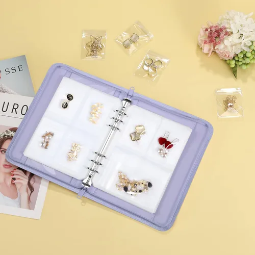 Vista 6 de Estuche organizador de viaje para joyas, libro portátil de piel sintética con bolsillos transparentes con cremallera para collares, aretes, pulseras