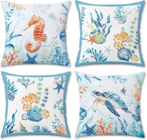 Vista 8 de Bonhause - Juego de 4 fundas de almohada decorativas de playa oceánica, almohadas costeras al aire libre de caballito de mar, tortuga, estrella