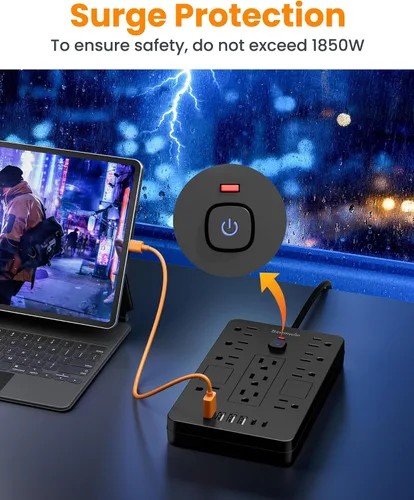 Vista 6 de Regleta de alimentación con protector de sobretensión - 11 tomas de corriente (1850 W/15 A) con 6 puertos USB (2 USB C), extensión de enchufe plano