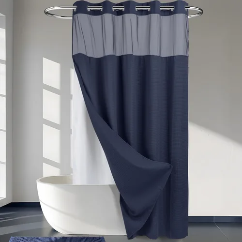Vista 42 de Cortina de baño River Dream de gran peso sin ganchos necesarios con diseño de gofre punteado y forro a presión - 36W x 74H, de calidad hotelera