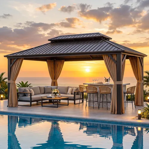 Vista 12 de Aoxun 10'x10' Outdoor Gazebo with Polycarbonate Roof Khaki Single Roof Caqui