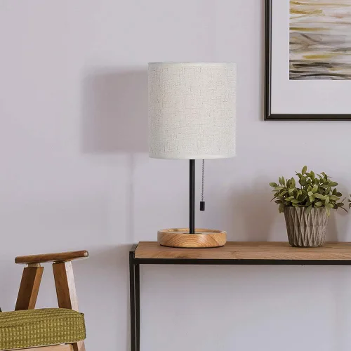Vista 3 de CADUKE - Lámpara de mesa moderna, lámpara de escritorio de mesita de noche, lámpara de noche con base de madera y pantalla de lino para sala