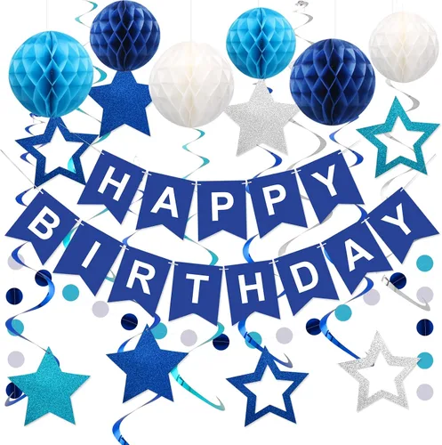 Vista 15 de meowtastic - Decoraciones de cumpleaños, pancarta de feliz cumpleaños con bolas de panal de abeja, serpentinas colgantes de estrellas, guirnalda