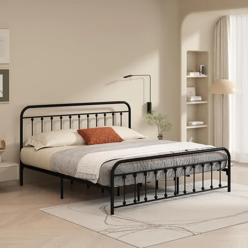 Vista 14 de Marco de cama de metal tamaño matrimonial con cabecero y estribo, sin somier, color blanco