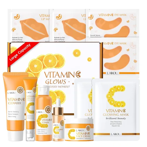 Vista 10 de LAIKOU Cuidado de la piel con vitamina C, juego de cuidado de la piel con suero, crema para ojos, crema facial para mujeres, adolescentes, niñas