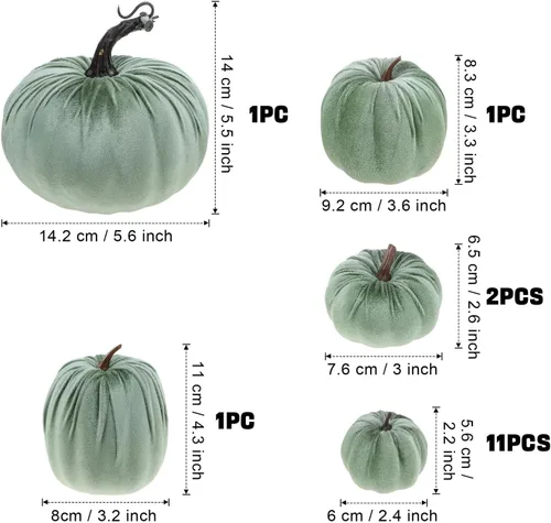 Vista 2 de Woration 16 piezas de terciopelo de tamaño surtido de calabaza artificial decoración de tela envuelta en otoño cosecha calabaza otoño mesa centro
