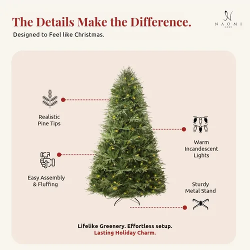 Vista 6 de Naomi Home - Árbol de Navidad realista preiluminado de 6.5 pies, 400 luces Con bisagras