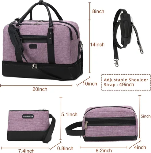 Vista 4 de Bolsa de fin de semana, bolsa de fitness de lona para mujer, bolsa de equipaje, bolsa de viaje grande con compartimento para zapatos, juego de tres